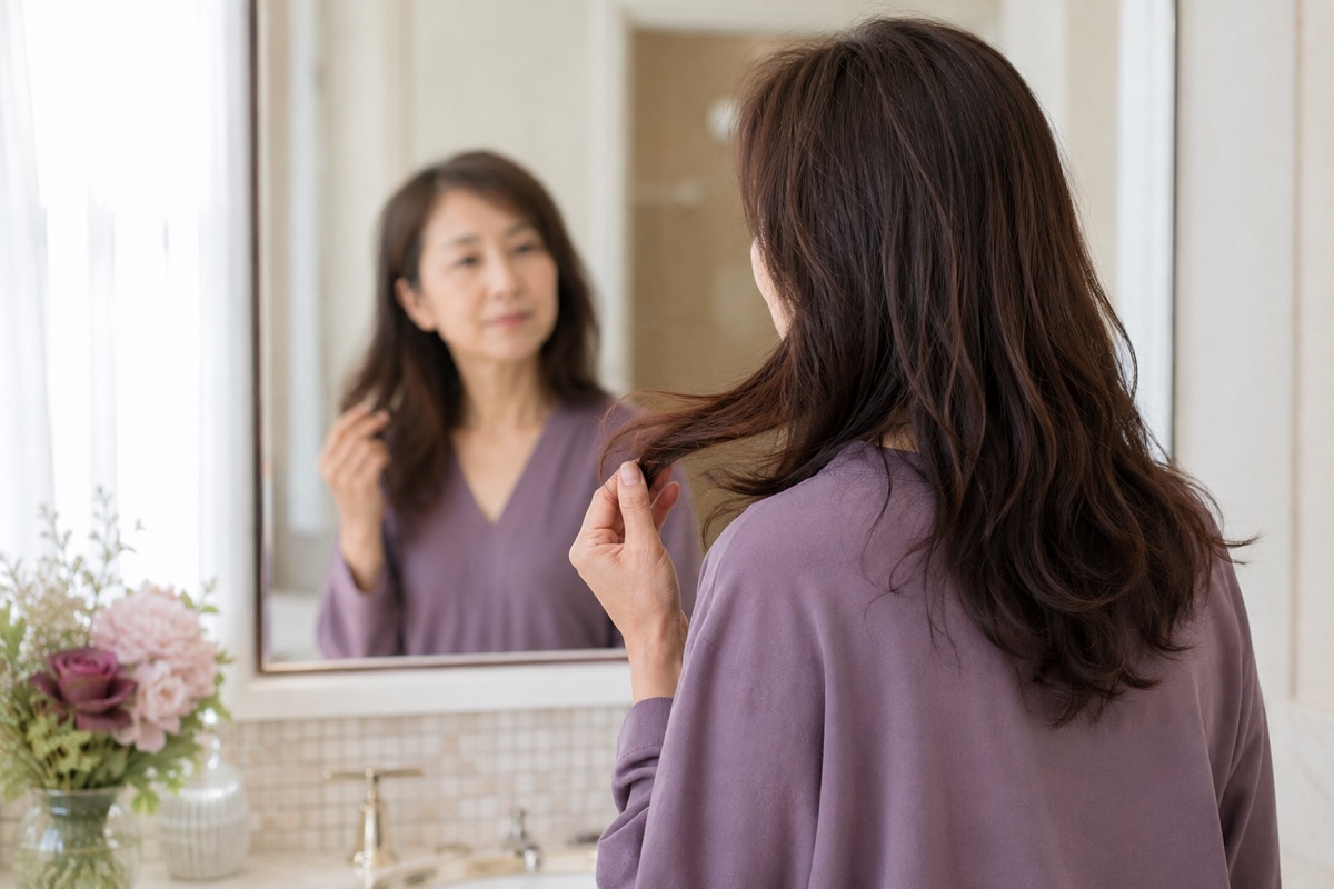 洗面台の鏡の前で髪の毛先の手触りを確かめる女性（イメージ）